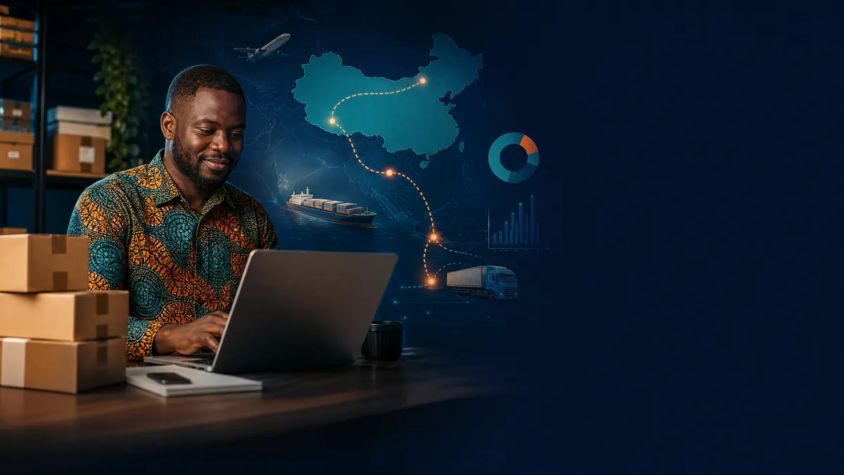 Entrepreneur de Gemena suivant ses importations et sa logistique sur ordinateur